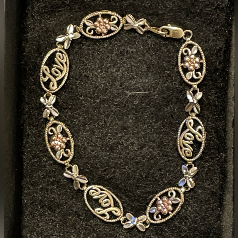 10K X & O Tri-Gold Love Bracelet with Rose Gold Flower